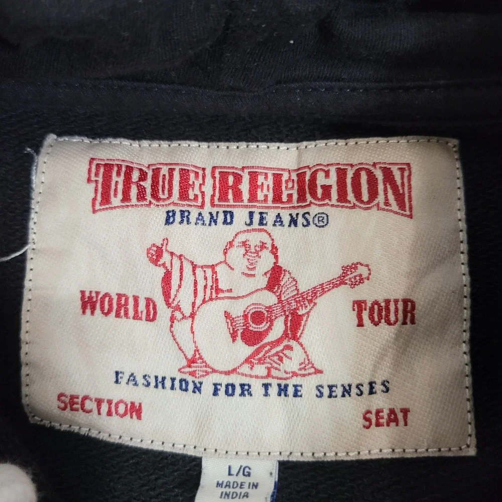 True Religion Large Zip Hoodie Mens Black White Horseshoe Graphic Logo Striped